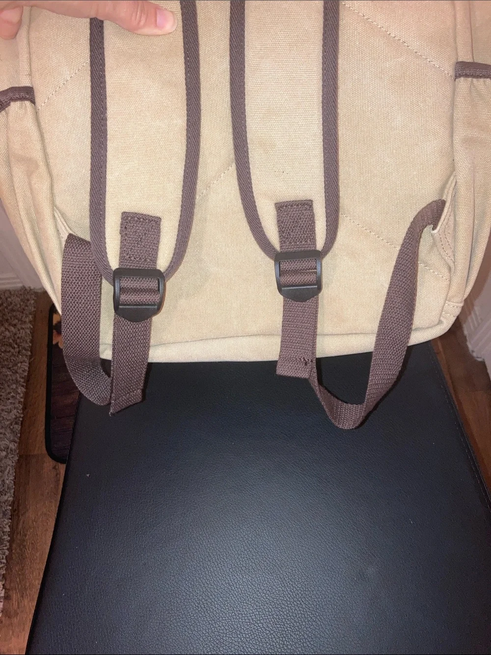 Portage Unisex Beige Canvas Backpack with Brown Trim